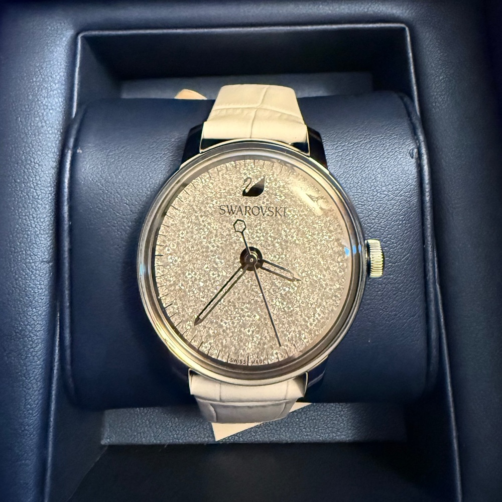 Swarovski Crystalline Hours Silver Dial White Leather Strap Women's Watch - NWT
